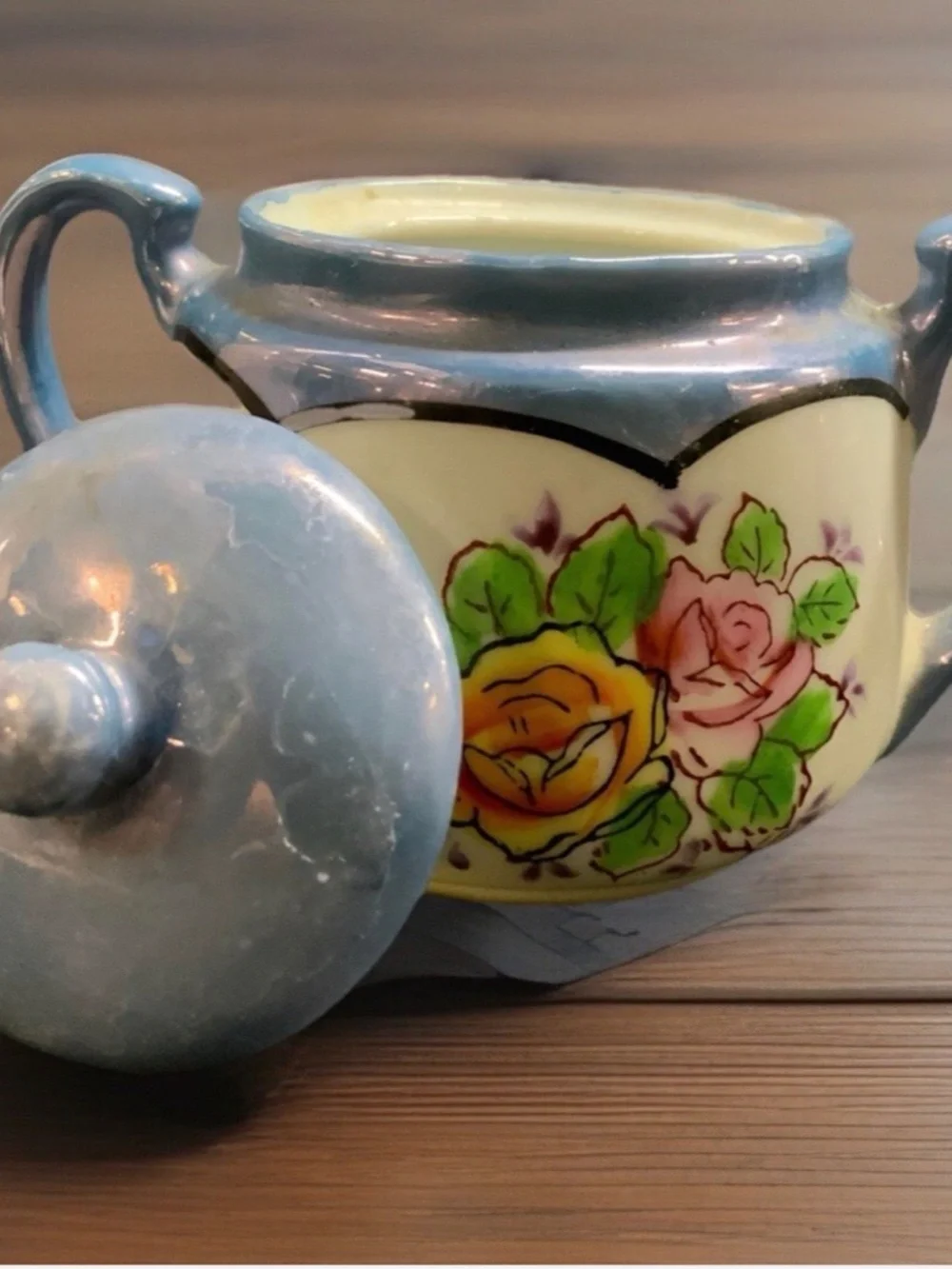 Antique Hand Painted Art Deco Lusterware Sugar Bowl With Lid Japan 4